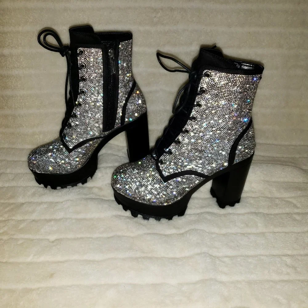 Cape Robbin Silver Crystal Lace-Up Platform Ankle Boots - Picture 5 of 15